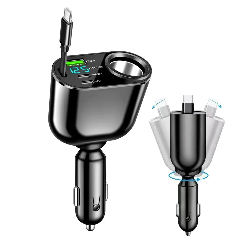 Multifunctional USB car cigarette lighter with retractable cable Type-C 126W