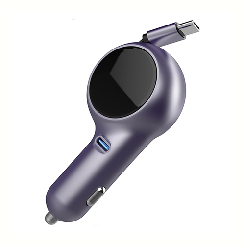 Multifunctional USB car charger with retractable iPhone cable + Type-C
